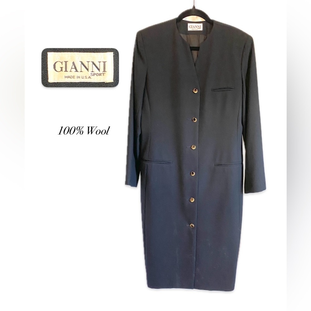 Vintage Gianni Sport 100% Wool Jewel Neckline Long Coat Size 10 Black